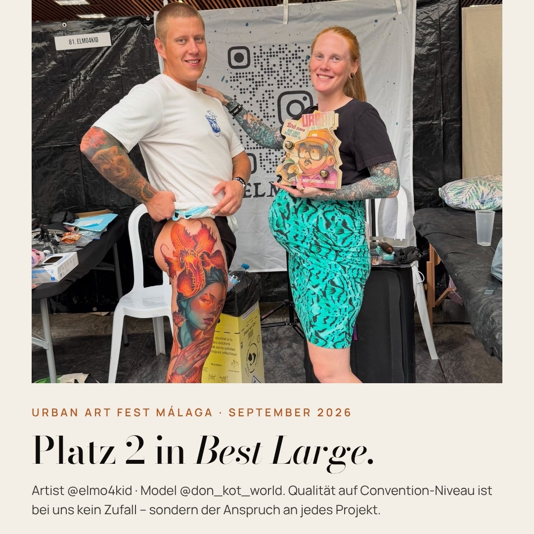 Platz 2 in „Best Large“ beim urbanartfestmalaga 🏆 Stell dir vor, das ist dein Bein.
Schreib uns per DM und wir planen dein Projekt gemeinsam in Berlin Mitte.
#legsleeve #tattooberlin #realistictattoo #colortattoo #berlintattoo